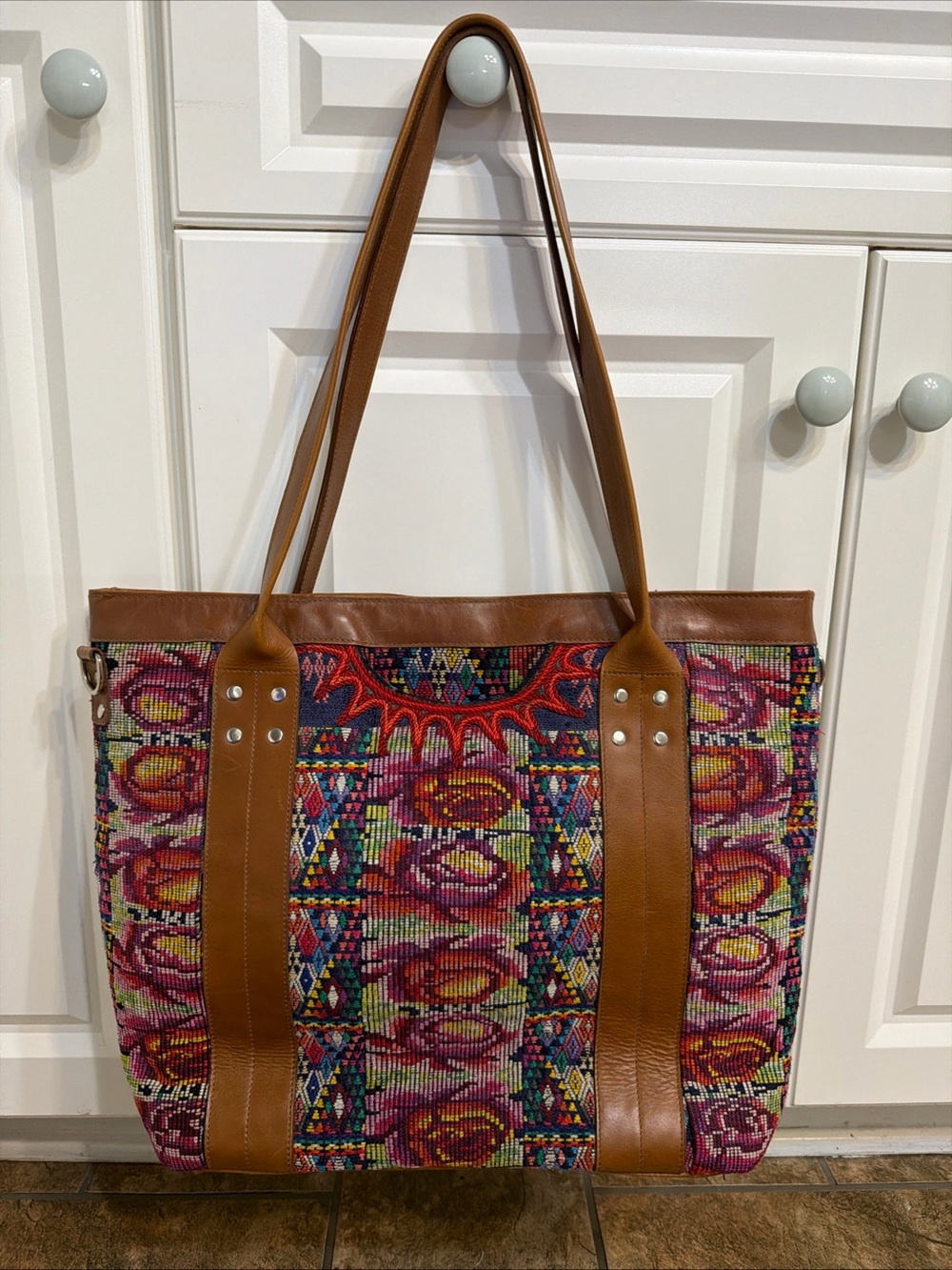 Handmade Guatemalan Fabric And Leather Tote Shoulder Nena Huipil - Picture 2 of 12